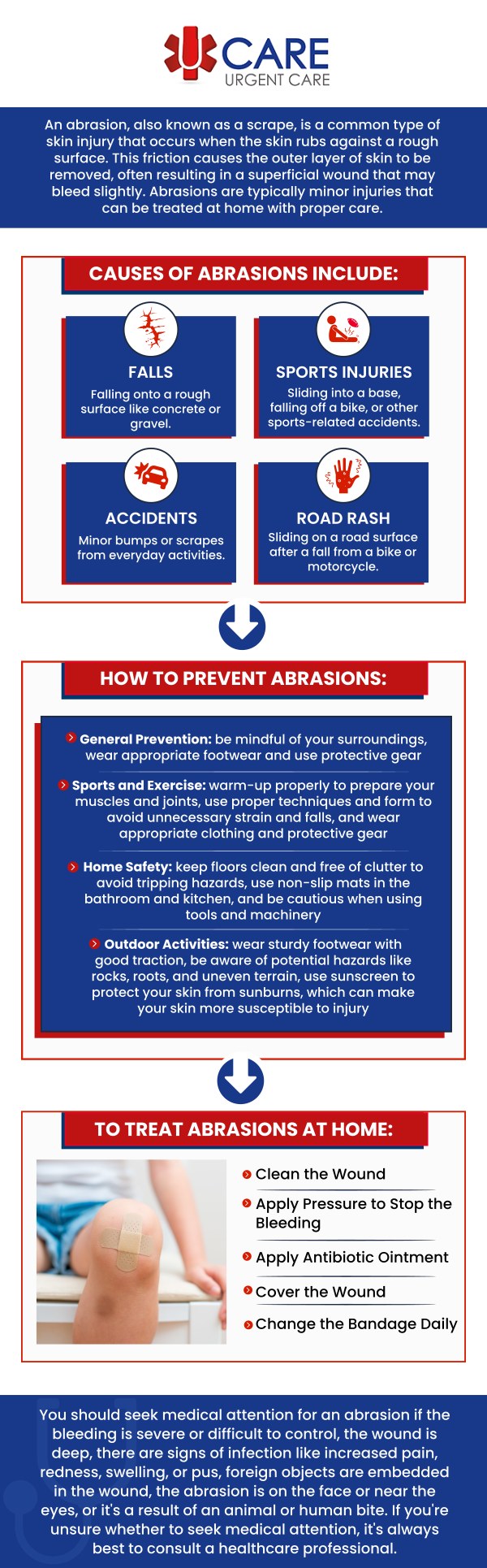 Abrasions may seem minor, but proper evaluation can help reduce discomfort and support healthy healing, especially when the skin is scraped deeply, contaminated, or continues to bleed. UCare Urgent Care and Walk-In Clinic provides convenient walk-in evaluation for non-emergency abrasions, helping patients receive timely wound care and guidance based on the severity and location of the injury. Our professional medical team can assess the affected area, clean and protect the wound when appropriate, and determine whether additional care is needed to lower the risk of complications. For more information, contact us or book an schedule an appointment. We are conveniently located at 13472 Eastlake Blvd, Horizon City, TX 79928. Abrasions may seem minor, but proper evaluation can help reduce discomfort and support healthy healing, especially when the skin is scraped deeply, contaminated, or continues to bleed. UCare Urgent Care and Walk-In Clinic provides convenient walk-in evaluation for non-emergency abrasions, helping patients receive timely wound care and guidance based on the severity and location of the injury. Our professional medical team can assess the affected area, clean and protect the wound when appropriate, and determine whether additional care is needed to lower the risk of complications. For more information, contact us or book an schedule an appointment. We are conveniently located at 13472 Eastlake Blvd, Horizon City, TX 79928.