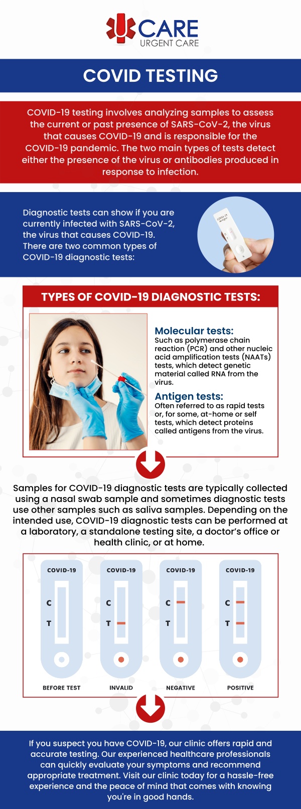 If you are experiencing COVID symptoms including fatigue, muscle or body aches, Headache, loss of taste or smell, fever or chills, cough, shortness of breath or trouble breathing, throat discomfort or suspect you have been in close contact with an individual diagnosed with COVID it is important to get tested as soon as possible. UCare Urgent Care and Walk-In Clinic offers trusted COVID testing services. For more information, please contact us or book an appointment online. We have convenient locations to serve you at Horizon City, TX and on North Zaragoza Rd. in El Paso TX, and Lee Trevino Dr. in El Paso TX. If you are experiencing COVID symptoms including fatigue, muscle or body aches, Headache, loss of taste or smell, fever or chills, cough, shortness of breath or trouble breathing, throat discomfort or suspect you have been in close contact with an individual diagnosed with COVID it is important to get tested as soon as possible. UCare Urgent Care and Walk-In Clinic offers trusted COVID testing services. For more information, please contact us or book an appointment online. We have convenient locations to serve you at Horizon City, TX and on North Zaragoza Rd. in El Paso TX, and Lee Trevino Dr. in El Paso TX.