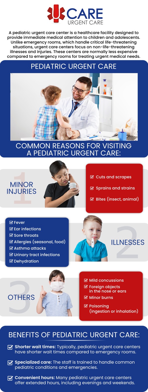 At UCare Urgent Care and Walk-In Clinic, we have experienced pediatric physicians who provide medical care to children. No prior appointment is needed. For more information, contact us today! We are a walk-in clinic located at Horizon City TX, on North Zaragoza Rd. in El Paso TX, and on Lee Trevino Dr. in El Paso TX. At UCare Urgent Care and Walk-In Clinic, we have experienced pediatric physicians who provide medical care to children. No prior appointment is needed. For more information, contact us today! We are a walk-in clinic located at Horizon City TX, on North Zaragoza Rd. in El Paso TX, and on Lee Trevino Dr. in El Paso TX.