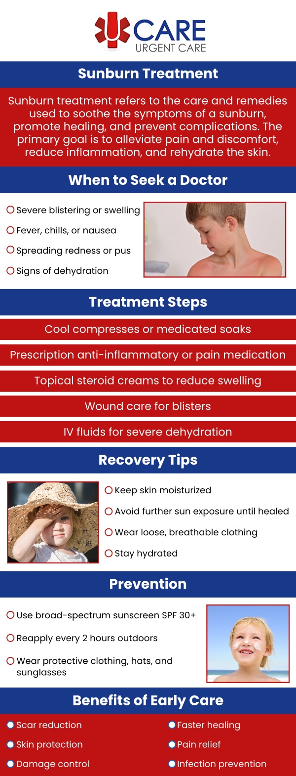 Common questions asked by patients: What causes sunburn? What are the common symptoms of sunburn? When should I see a doctor for sunburn? How can I prevent sunburn? Our experienced doctors at UCare Urgent Care and Walk-In Clinic offer professional care for sunburn, helping to relieve pain and prevent complications. We provide personalized treatment plans to support your skin’s healing and protect your overall health. Contact us today for more information. We are a walk-in clinic located at Horizon City TX, on North Zaragoza Rd. in El Paso TX, and on Lee Trevino Dr. in El Paso TX. We serve patients from El Paso TX, Horizon City TX, Lee Trevino Drive TX, Fort Bliss TX, Mission Valley TX, Resler Canyon TX, Alfalfa TX, Montwood TX, and BEYOND. Common questions asked by patients: What causes sunburn? What are the common symptoms of sunburn? When should I see a doctor for sunburn? How can I prevent sunburn?
Our experienced doctors at UCare Urgent Care and Walk-In Clinic offer professional care for sunburn, helping to relieve pain and prevent complications. We provide personalized treatment plans to support your skin’s healing and protect your overall health. Contact us today for more information. We are a walk-in clinic located at Horizon City TX, on North Zaragoza Rd. in El Paso TX, and on Lee Trevino Dr. in El Paso TX. We serve patients from El Paso TX, Horizon City TX, Lee Trevino Drive TX, Fort Bliss TX, Mission Valley TX, Resler Canyon TX, Alfalfa TX, Montwood TX, and BEYOND.