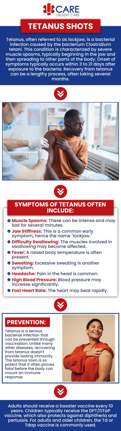 If you need a tetanus shot in El Paso, TX, you have several options for receiving the vaccination at urgent care clinics. Tetanus shots are typically offered as part of routine health care or following an injury that could expose you to the bacteria. UCare Clinics provide easy access to this vaccine, often without the need for an appointment. For more information, contact us today! We are conveniently located on North Zaragoza Rd. in El Paso, TX, and on Lee Trevino Dr. in El Paso, TX.